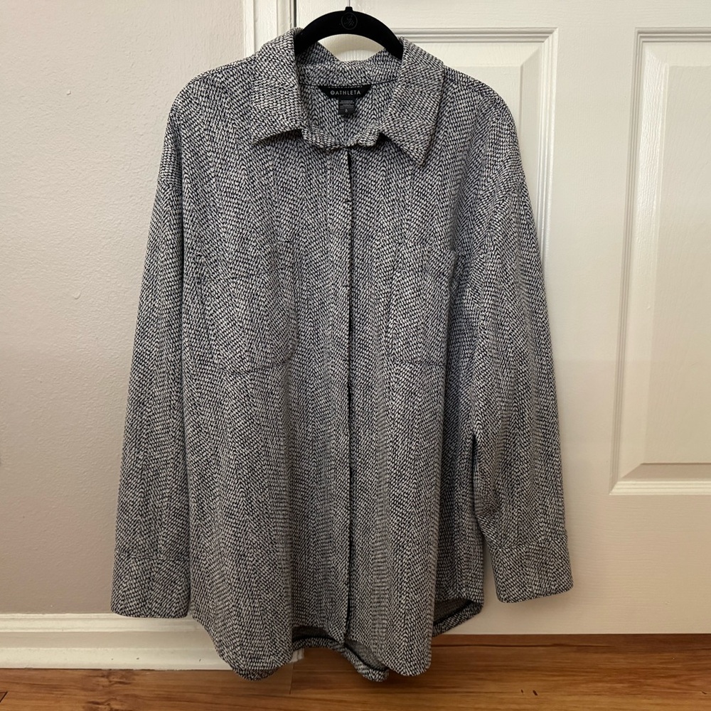 Athleta Braiden Shacket Button Down Long Oversized Jacket Tunic L Black White - Picture 2 of 5